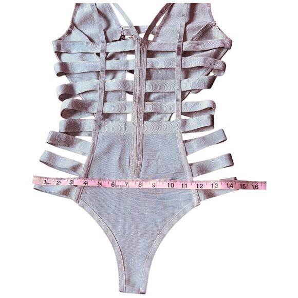NEW WOW Couture SILVER Sexy Strappy Cheeky Bandage One Piece Swimsuit Size Small - Picture 10 of 10